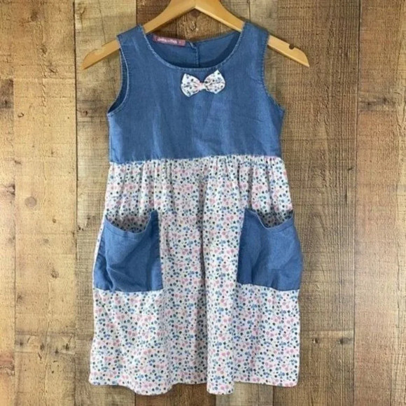 Jelly The Pug Adina Dress Blue Bow Denim‎ Floral A Line - Picture 1 of 7